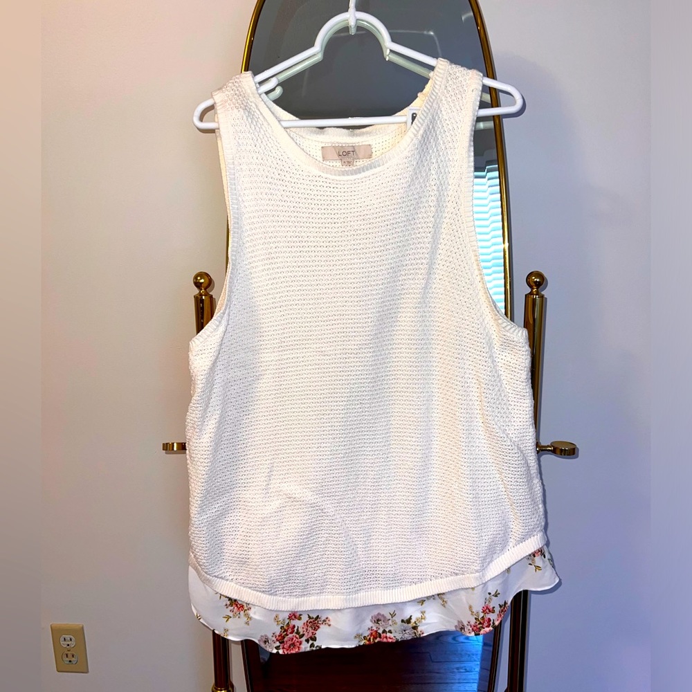 Loft Sleeveless Knit Sweater Tank Top with Floral Faux Blouse Hem XL